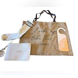 Miss to Mrs Bridal Tote Set with White Mrs. Pouch, Socks and Door Hanger